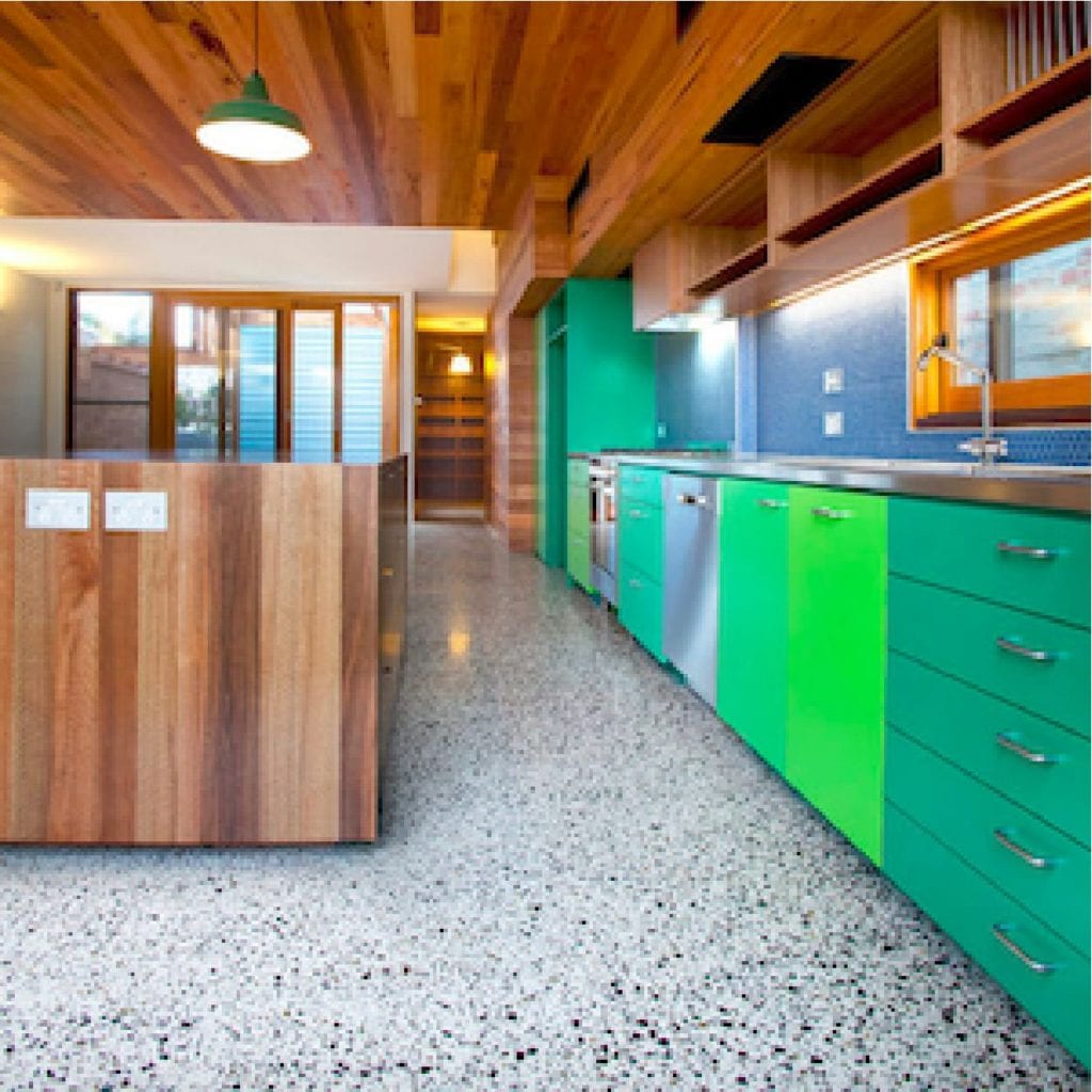 mid-century modern kitchen interior terrazzo flooring