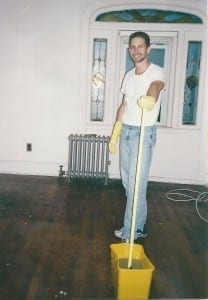 Here's the bedroom right after we removed the shag carpet. Apparently, this is my renovating pose.